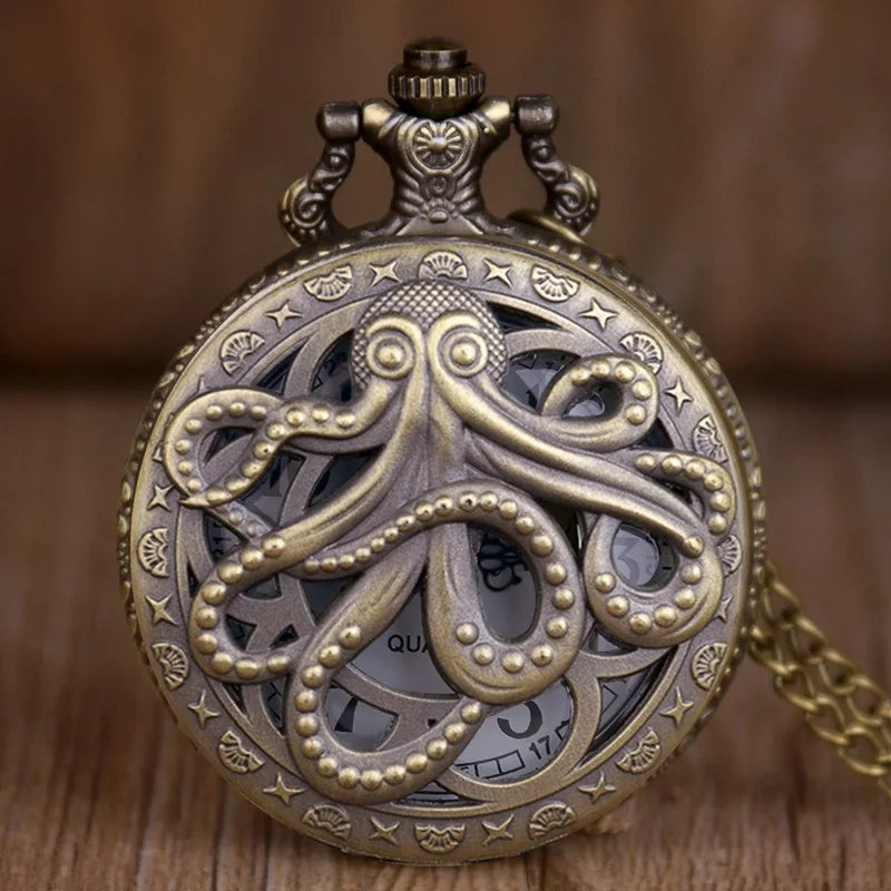 SOXY Adults Men Retro Round Shaped Glass Window Face Analog Display Stainless Steel Metal Black-Bronze Octopus Sea Creature Quartz Movement Chain-Pocket Watches