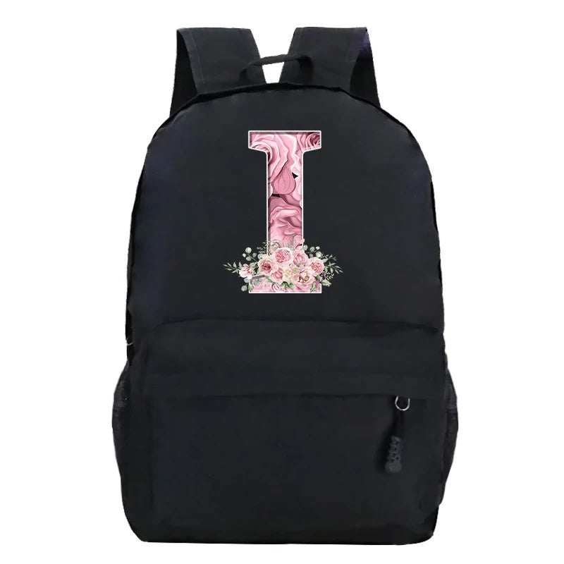 No-EN-Name-Null Waterproof Large Black Softback Nylon Fabric Printed Floral Pink Rose First Name Initial Letter Curved Back Zipper Canvas Lining Built-In Laptop Compartment Shoulder Straps-Handle Zippered External Pockets School Backpacks