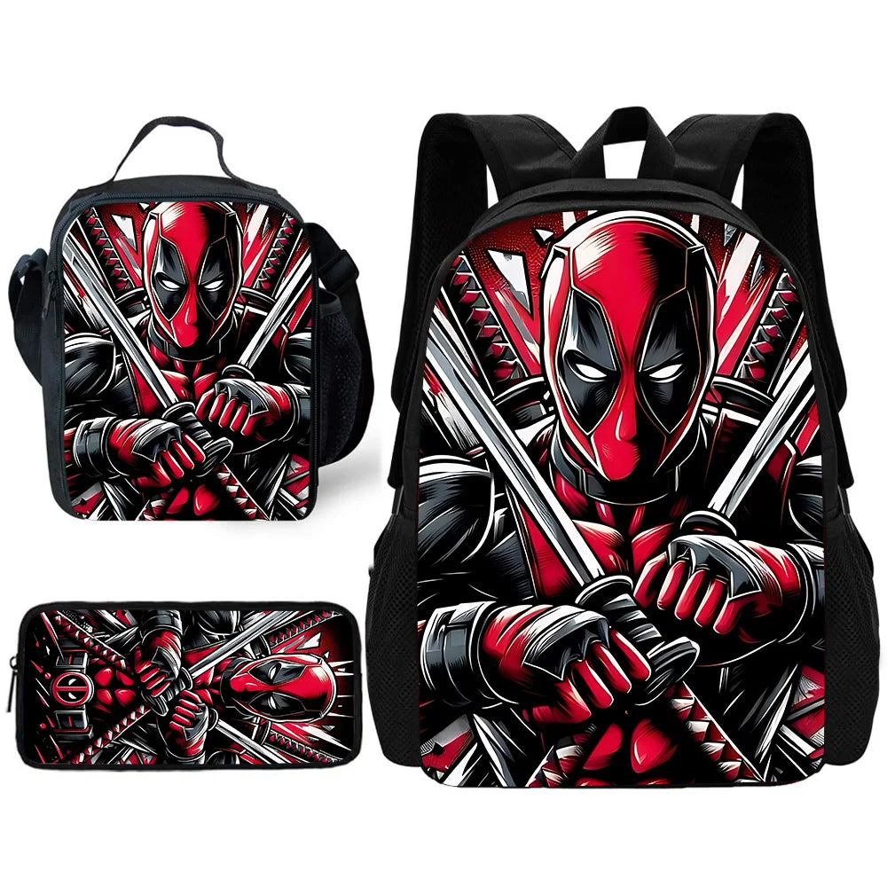 MINISO 3 PCS Waterproof Curved Back Nylon Fabric Cartoon Smiling Critters Super Hero Adjustable Straps-One Handle School Backpacks /Lunch Bags/Pencil Bag/Tablet Inserting Pocket/Water Bottle Pocket/Colors-Red/Black/Purple/Multicolor