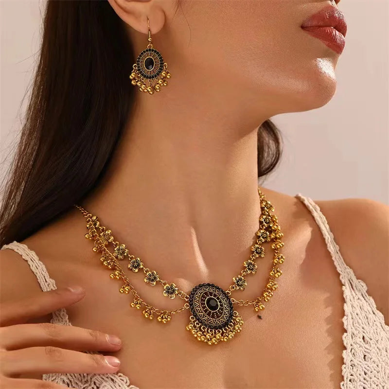 No-EN-Name-Null Women Imitation Geometric Ethnic Small Crystal Beads Decorative Floral Metal Alloy Necklace-Earrings Jewelry Set/Colors-Gold/Silver/Floral/Geometric