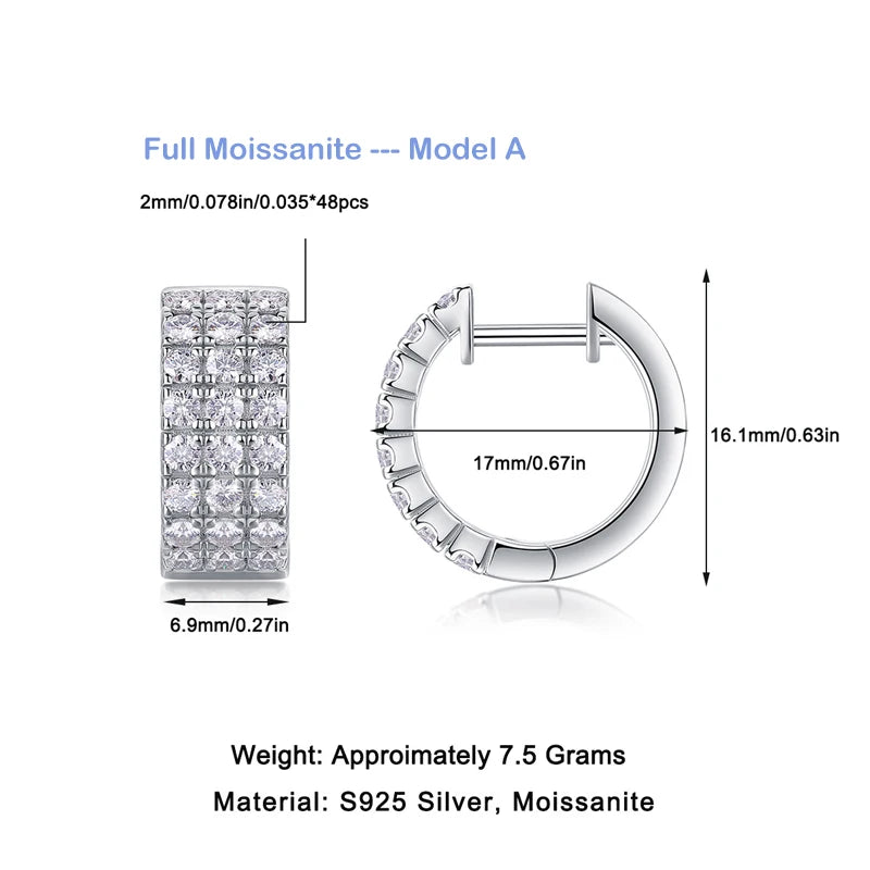 EWYA Adult Women Fine Sterling Silver Metal Wide Two-Three Rows Clear White Full Moissanite Realistic Diamond-Like Stones Round Hoop Small Ear Buckle Earrings/Colors-Silver/Clear/White/Geometric