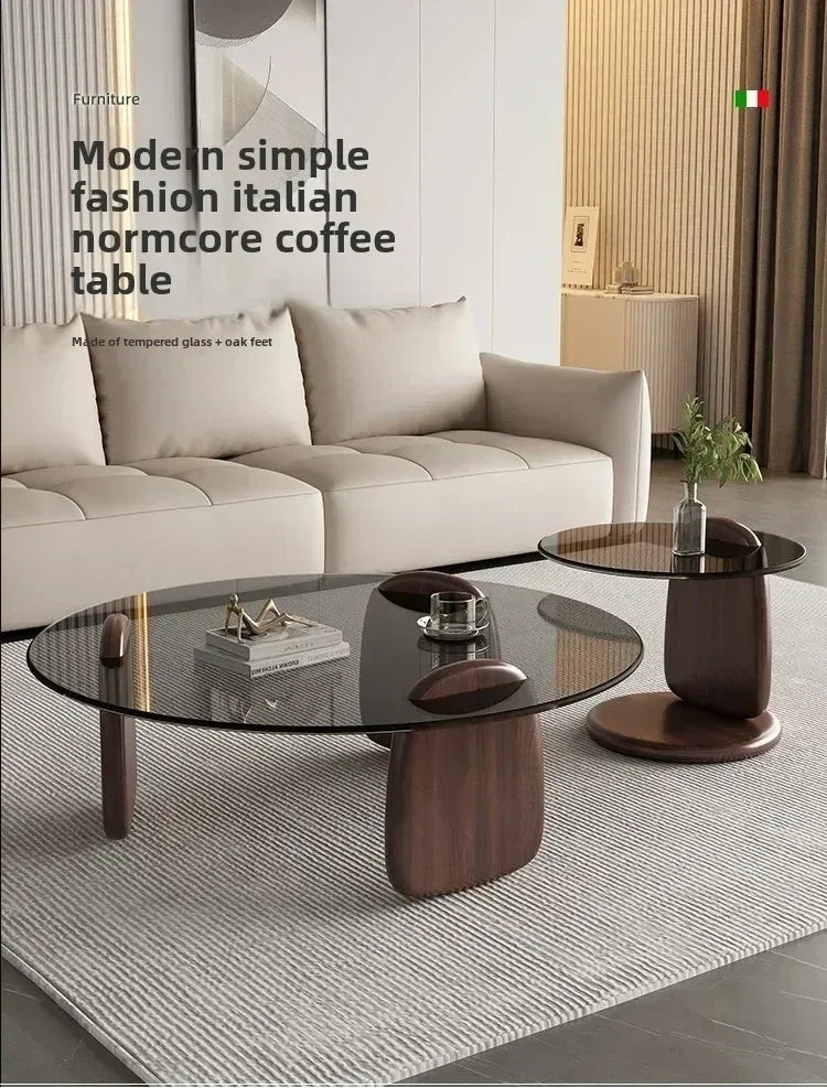 No-EN-Name-Null 2 PCS Modern Brown-Gray Thick High Tempered Glass Round Shaped Tops Solid Oak Rubberwood Three-Legged Design Coffee Table Sets/Easy To Clean/Colors-Gray Glass Tops/Brown Glass Tops
