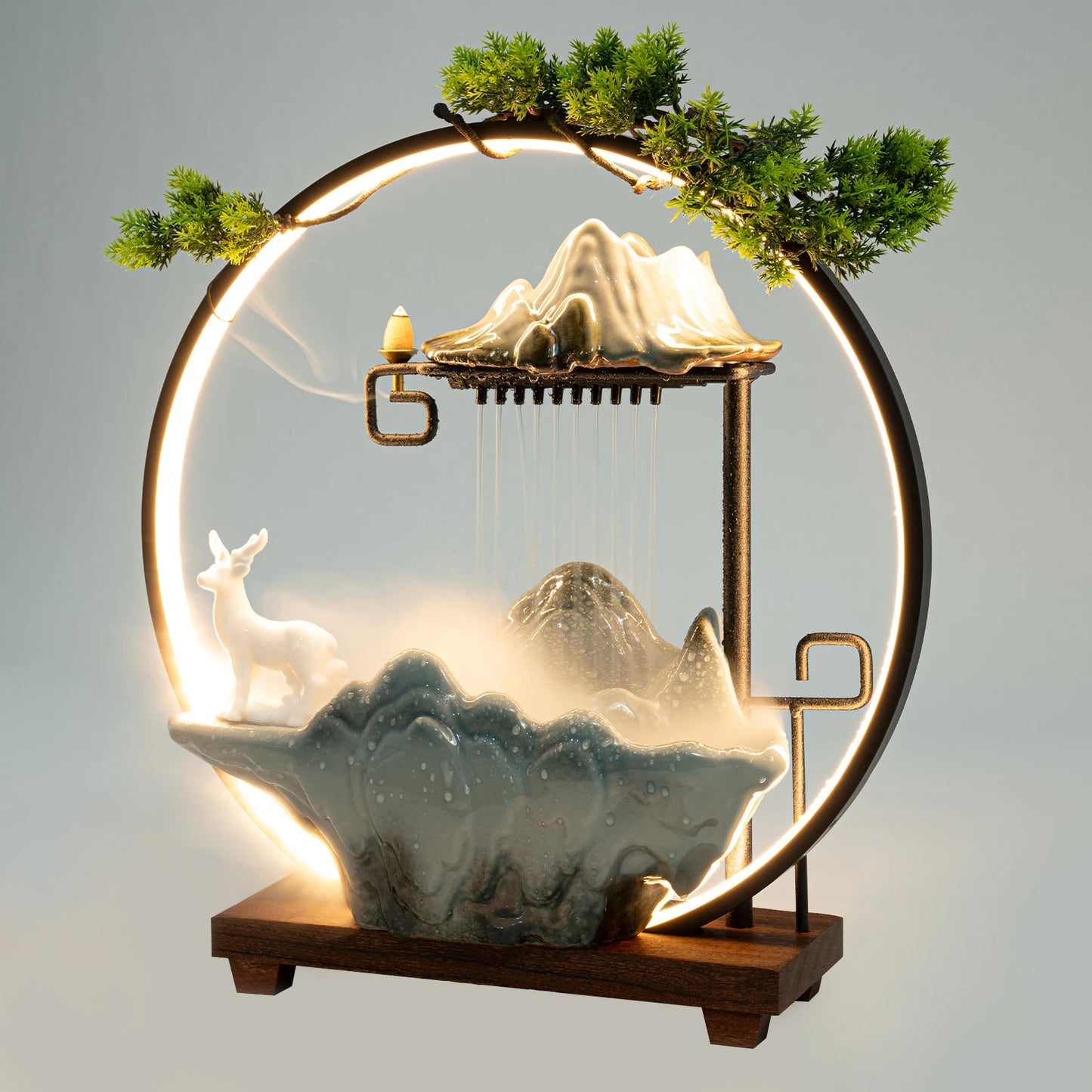 Wood Indoor Round Shaped Bracket Tabletop LED Lighted Ceramic Male Buck Deer Pine Trees Rocky Mountain Misty Waterfall Fountain/Colors-Brown/Green/White/Black