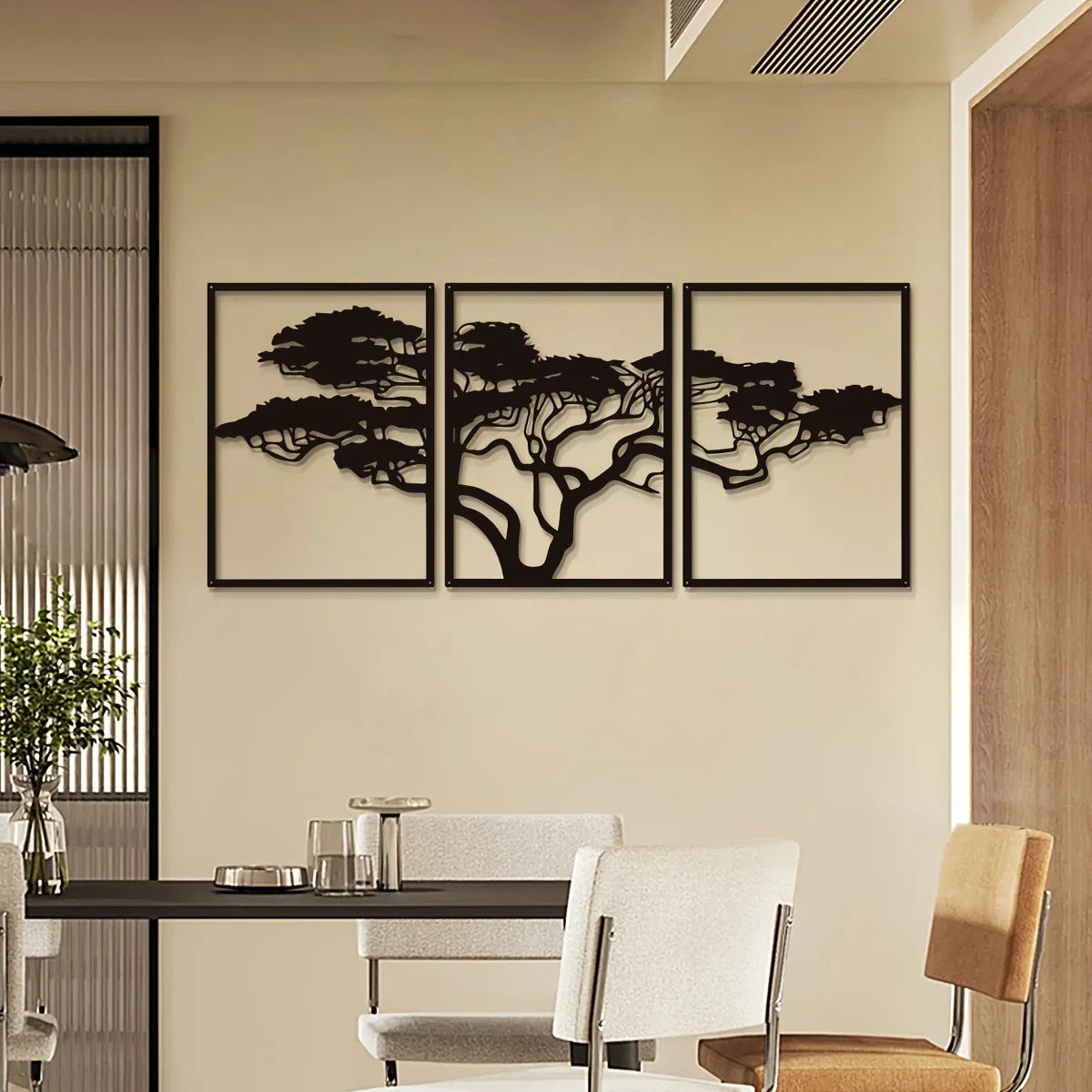 HELLOYOUNG Modern Black-Brown Iron Metal Three-Panel Realistic Natural Trees Art Plaques/Size: 36.61 x 14.41 inches