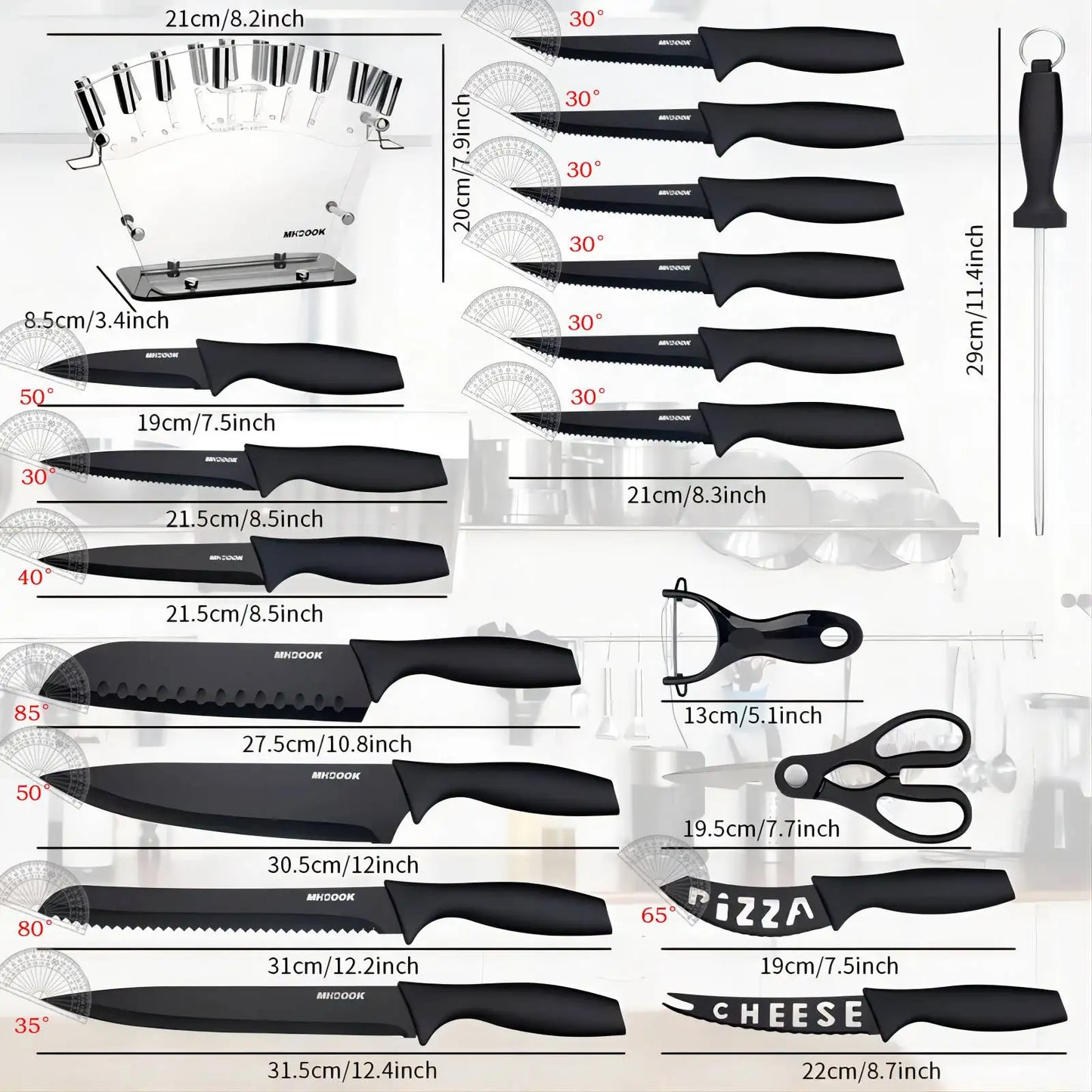 19 PCS Set Kitchen Stainless Steel Plastic Black Handle Chef Sharp Blade Knives Sets/ Extra Utensils