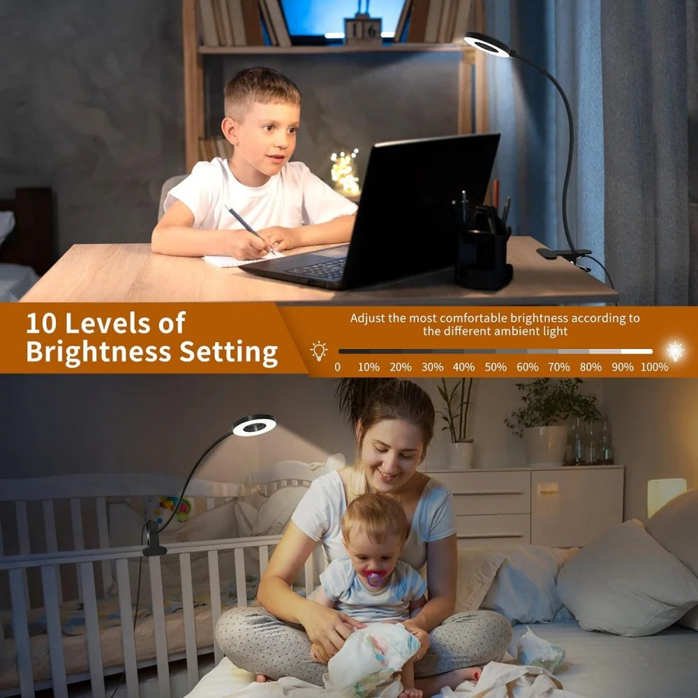OSITE SKY Anti-Blue Portable Sturdy Clamp-On Cool-Warm White-Daylight LED 3 Colors Modes Flexible Gooseneck White-Black Ring Light Controller Dimming 10 Brightness Level USB-Powered Eye-Protection Reading Desk Lamps
