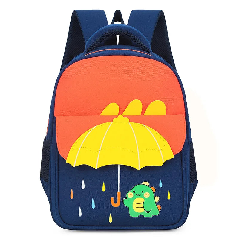 Kids Kindergarten Waterproof Blue Nylon Fabric Exterior Front Flap Pocket 3D Cartoon Animal Umbrella Design Personalized Embroidered Name  Zipper Polyester Lining Straps-Handle School Backpacks/ Phone Pocket/Colors-Pink/Blue/Multicolor