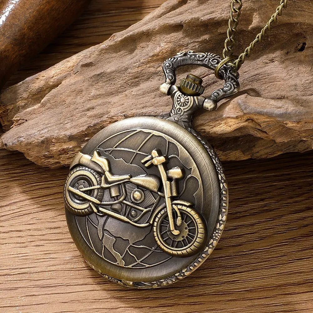 No-EN-Name-Null Adults Waterproof Antique Quartz Analog Display Bronze Round Shaped Metal Alloy Case Glass Face Engraved World Globe Behind Motorcycle Design Chain-Pocket Watches