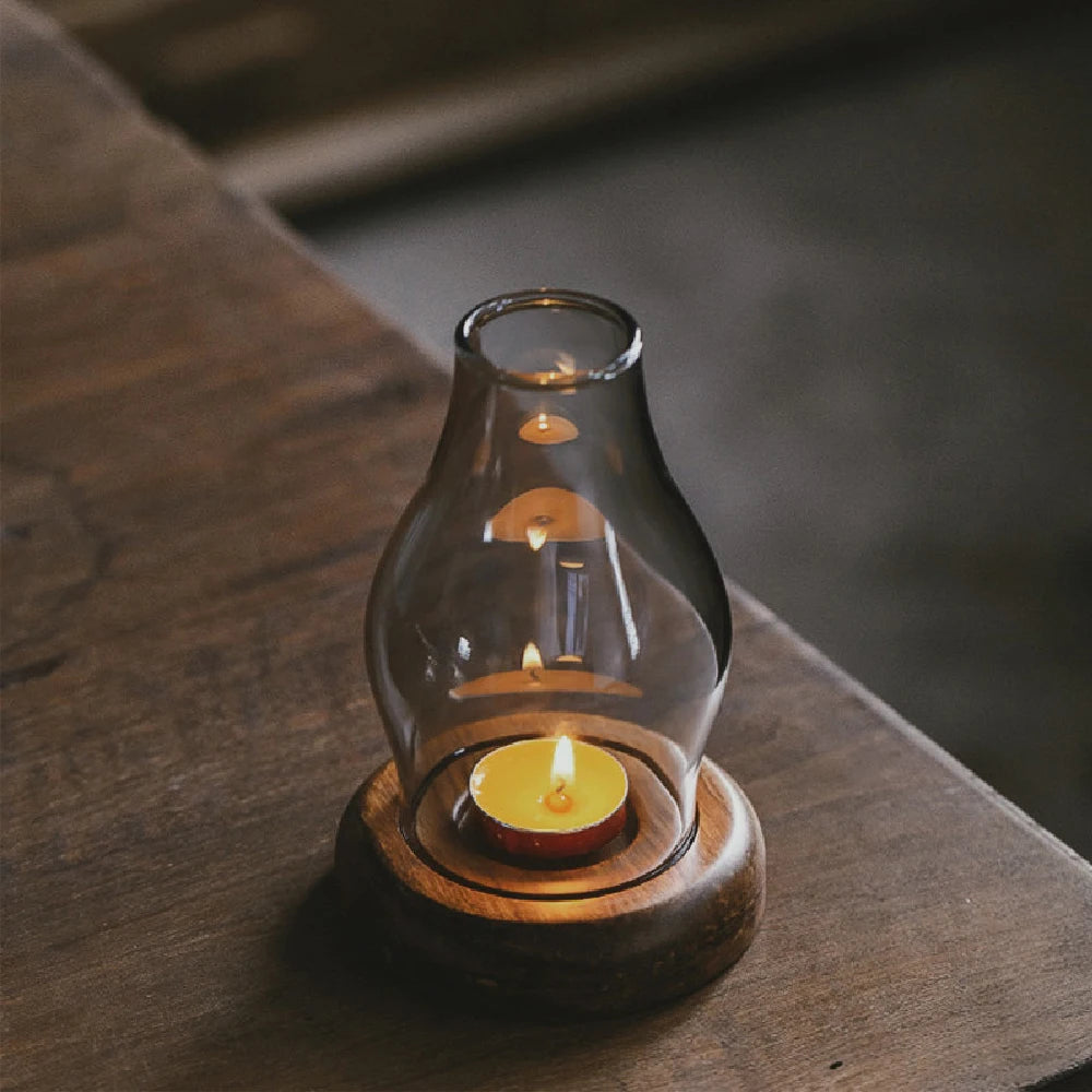 No-EN-Name-Null Classic Small Windproof Clear Glass Shade Brown Bamboo Wood Round Shaped Base Tealight Candle Holders