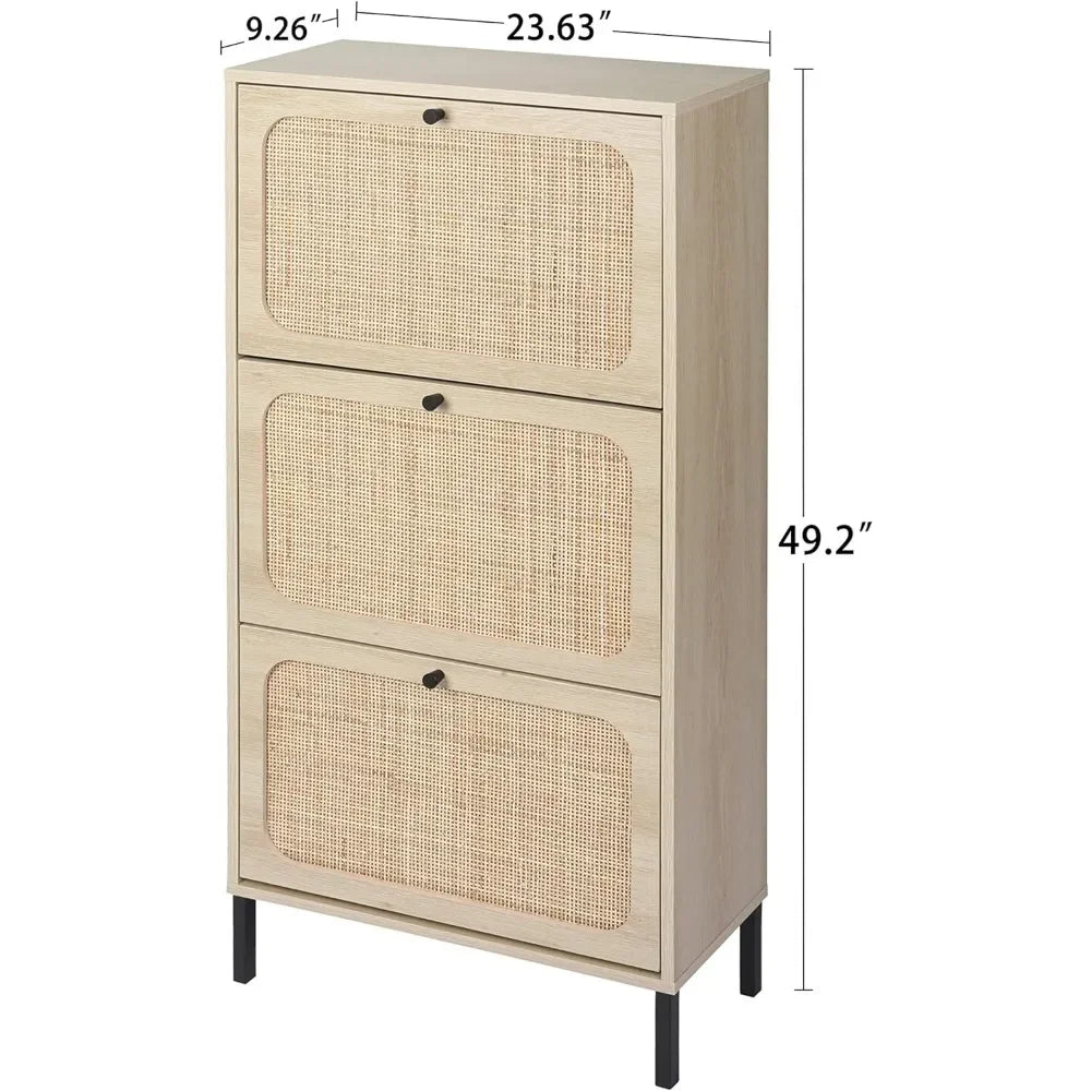 ANGDUO Indoor Beige-Black Natural Rattan 3 Tiers Flip-Out Drawers Free Standing Four Black Metal Feet Shoe Organizers/Product Dimension:9.45"D x 23.6"W x 48.9"H/ Product Weight:41lbs/Assembly Required/Storage Options Also