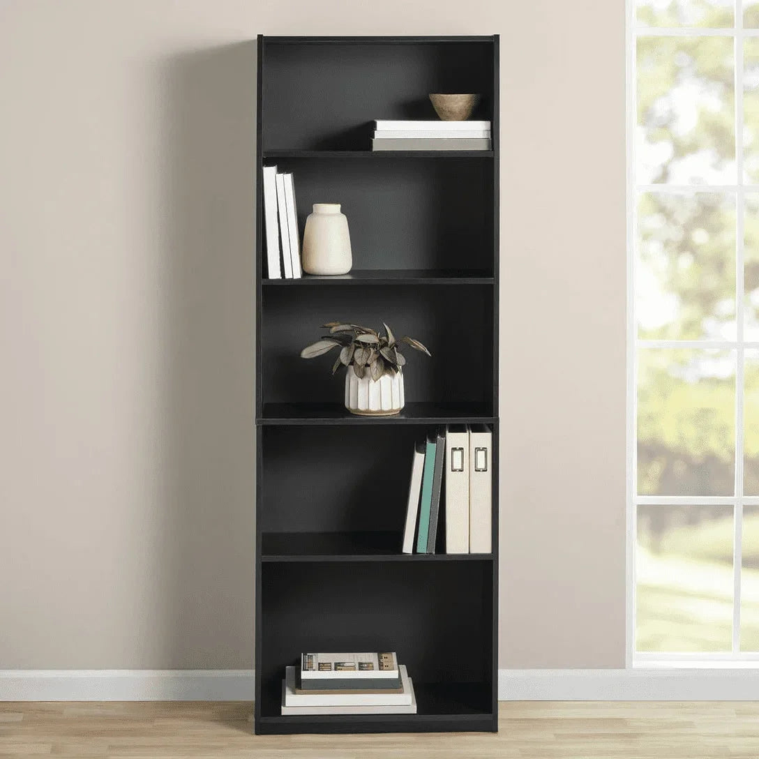 XMSJ Indoor MDF Black Oak Wood Free-Standing Wall-Mounting Adjustable 5-Shelves Rack-Bookcases/ Colors-True Black Oak/White/Dimensions: 24.88" W x 11.65" D x 71.42" H