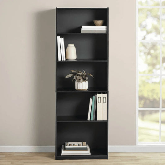 XMSJ Indoor MDF Black Oak Wood Free-Standing Wall-Mounting Adjustable 5-Shelves Rack-Bookcases/ Colors-True Black Oak/White/Dimensions: 24.88" W x 11.65" D x 71.42" H