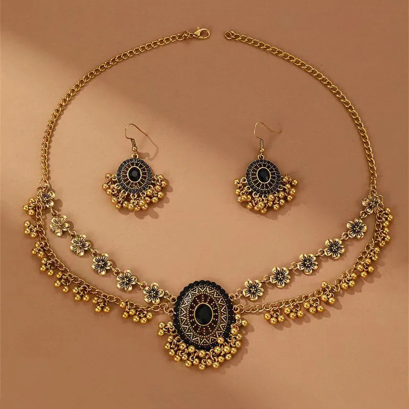 No-EN-Name-Null Women Imitation Geometric Ethnic Small Crystal Beads Decorative Floral Metal Alloy Necklace-Earrings Jewelry Set/Colors-Gold/Silver/Floral/Geometric