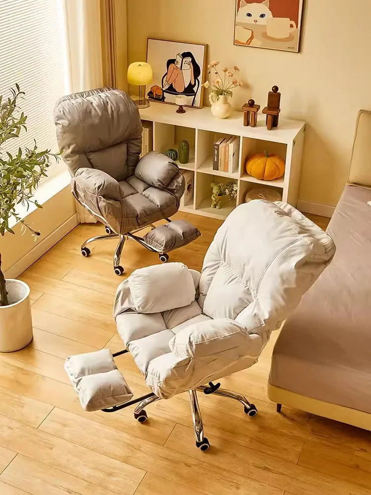 No-EN-Name-Null Mahjong Beige Upholstered Soft Plush Comfortable Fabric Adjustable Rotating Armed Five-Point Metal Four Roller Wheels Base Computer Office Chairs/Pull-Out Footrest/ Colors-Gray/Pink/White/Blue/Beige
