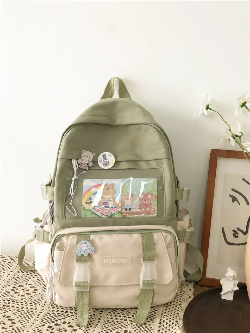 VONMONAN Women Waterproof Pink Nylon Fabric Clear Transparent Window Kawaii Cute Animal Design Zippers External Pockets Polyester Lining Single Compartment Shoulder Straps-Handle School Backpacks/Colors-Pink/Red/Green