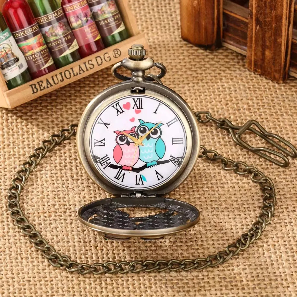 No-EN-Name-Null Adults Antique Quartz Plastic Face Analog-Digital Display Roman Numeral Gold-Brown Round Metal Alloy Case Hollow-Out White Crystal Diamond-Green Studded Two Owls Lovers On The Front-Floral Back Chain-Pocket Watches