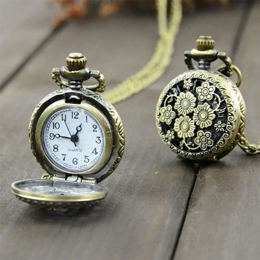 SANWOOD Adults Vintage Antique Quartz Analog Display Bronze Round Shaped Metal Case Glass Face Arabic Numeral Engraved Flowers-Eiffel Tower-Chinese Zodiac Design Pendant Chain-Pocket Watches
