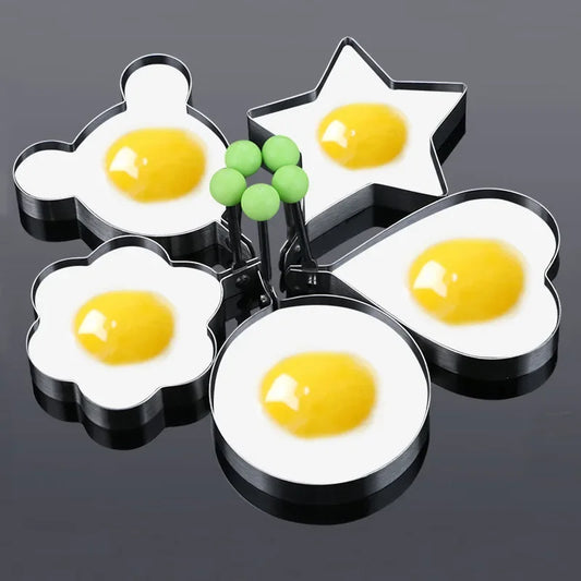 Kitchen 5 PCS Set Silver Stainless Steel Round-Heart-Flower-Five-Pointed Star-Mouse Shaped Egg Mold Inward Handle Round Light Green Ball Rings