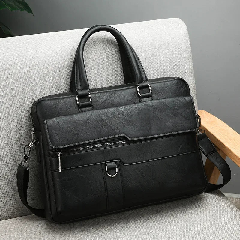 No-EN-Name-Null Men Waterproof Brown-Black Soft Faux Leather Rectangle Shaped Suitcase Padding Interior Polyester Lining Metal Zipper External Pockets Two Handles-Detachable Shoulder Straps External Pockets Built-In Laptop Compartment Business Briefcases