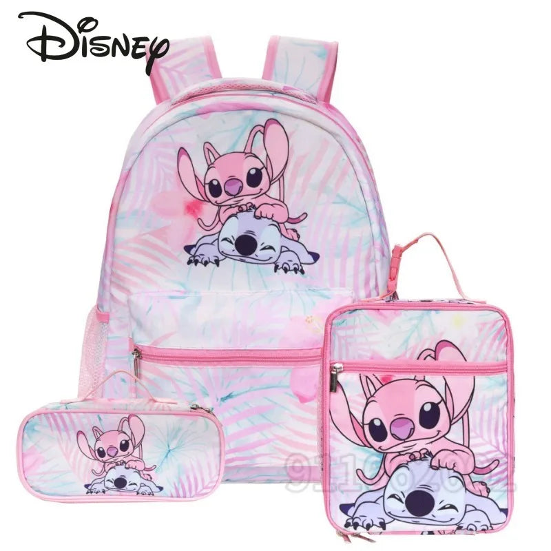 Disney Kids Large 3 PCS Cute Cartoon Stitch Movies-TV Theme Design Pink Polyester Fabric  Shoulder Straps-Handle Zipper Pockets School Backpacks Sets/Pencil Case/Small Accessory Bag/Colors-Multicolor/Pink/Blue