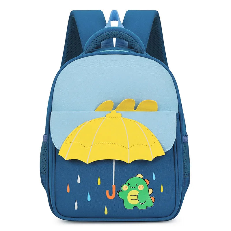 Kids Kindergarten Waterproof Blue Nylon Fabric Exterior Front Flap Pocket 3D Cartoon Animal Umbrella Design Personalized Embroidered Name  Zipper Polyester Lining Straps-Handle School Backpacks/ Phone Pocket/Colors-Pink/Blue/Multicolor