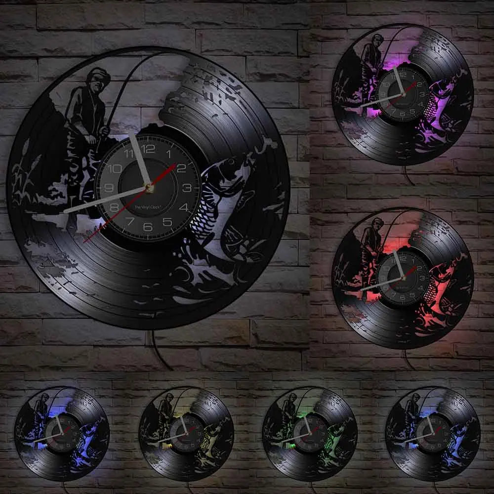 Retro Handmade Plastic Vinyl Record Gone Fishing Silhouette Of Fisherman Catching A Fish With Rod-N-Reel Wall Clocks/Battery Not Included/ 1 AA Battery Size/With-Without LED Light/Colors-Black/Geometric