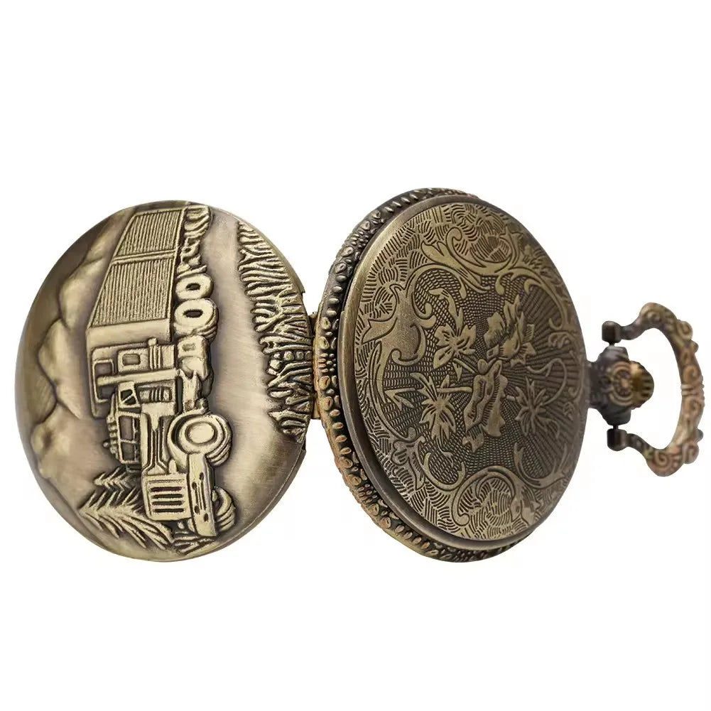 No-EN-Name-Null Adults Men Antique Quartz Analog Display Glass Face Round Shaped Metal Alloy Case Bronze Engraved 18 Wheeler Trucker Steampunk Bronze Chain-Pocket Watches
