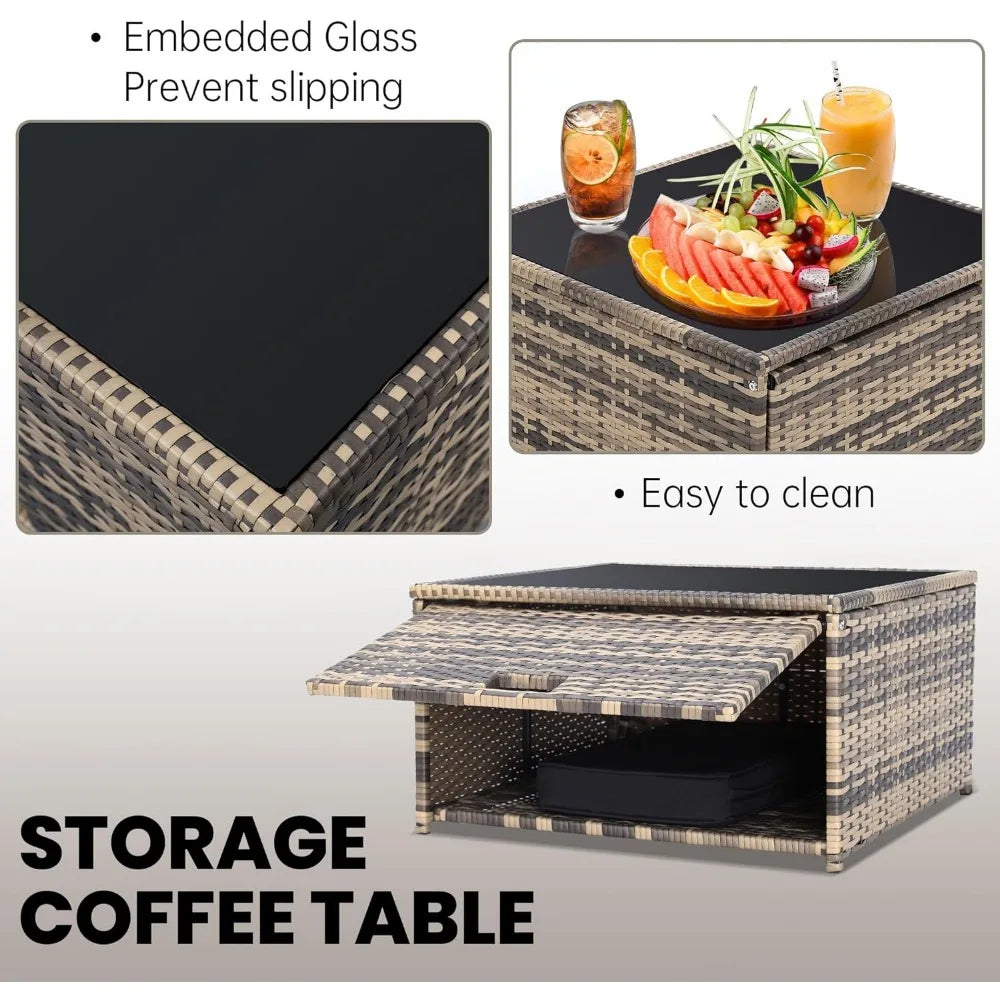 RUO WU 8 PCS Modern Geometric Black-Brown-Beige Zippered Waterproof Soft Cushions-Natural Wicker Rectangular Patio Rattan Outdoor Furniture Sets/Tempered Glass Coffee Table-Storage