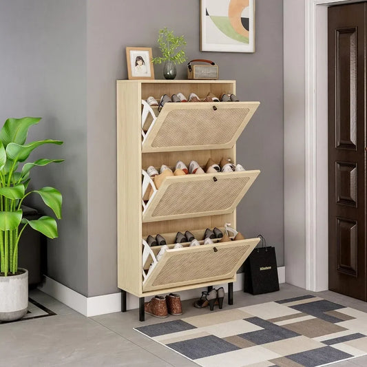ANGDUO Indoor Beige-Black Natural Rattan 3 Tiers Flip-Out Drawers Free Standing Four Black Metal Feet Shoe Organizers/Product Dimension:9.45"D x 23.6"W x 48.9"H/ Product Weight:41lbs/Assembly Required/Storage Options Also