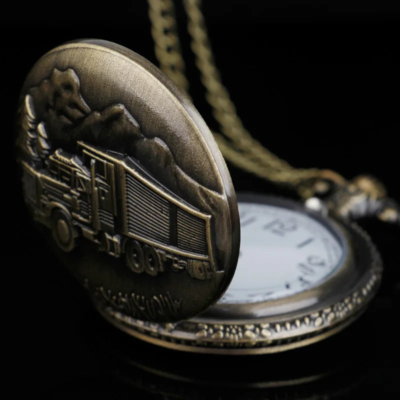 WECIN Adult Men Vintage Bronze Round Shaped Flip-Out Case Analog Display Glass Face Classic Old Kenworth Trucker Design Quartz Pendant Chain-Pocket Watches
