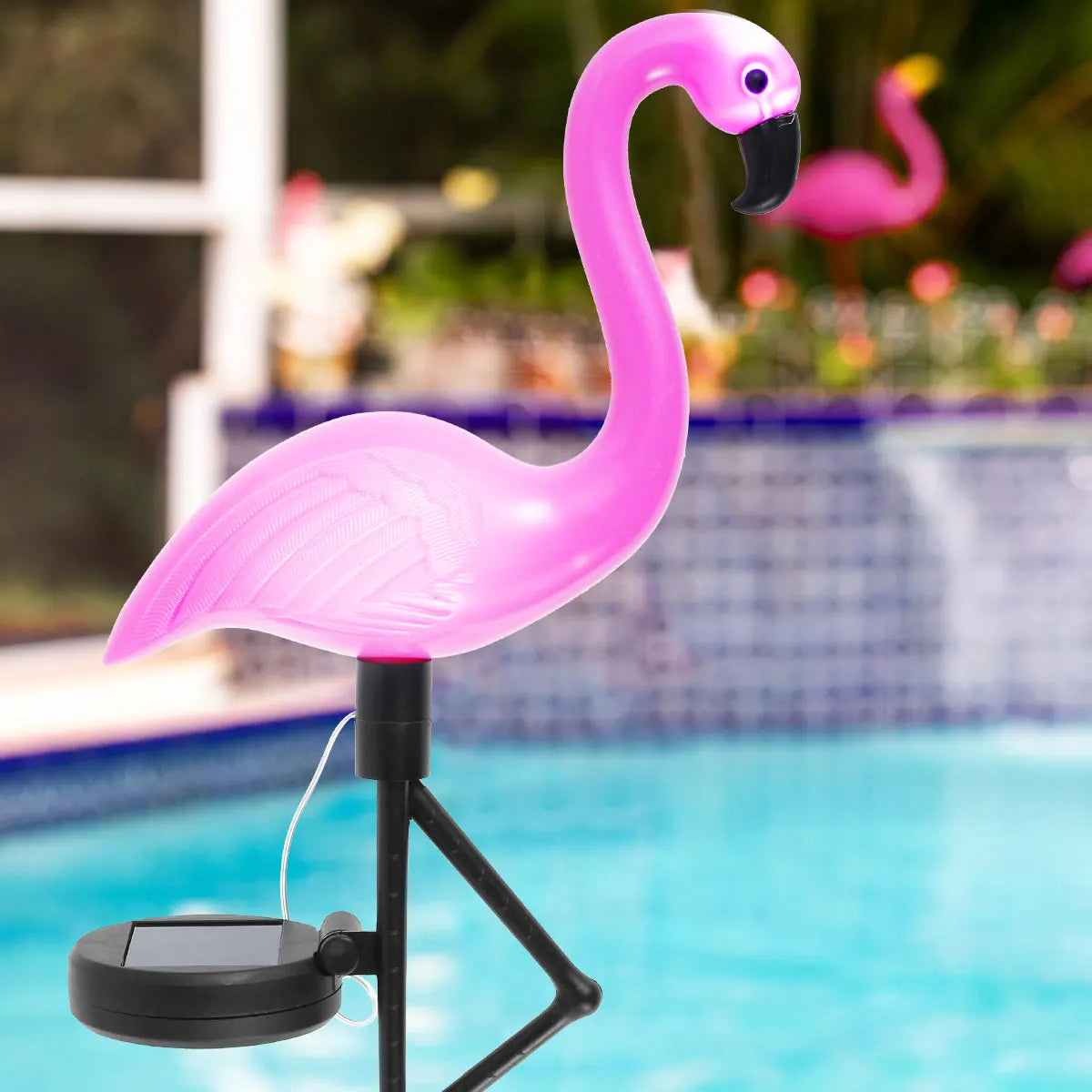 GHOPY 1-3 PCS Waterproof Solar-Powered Pink Flamingo Plastic Body Black Bent Long Legs Shaped Dimmable Stake Landscape Pathway Lighting Sets/Bulbs Included