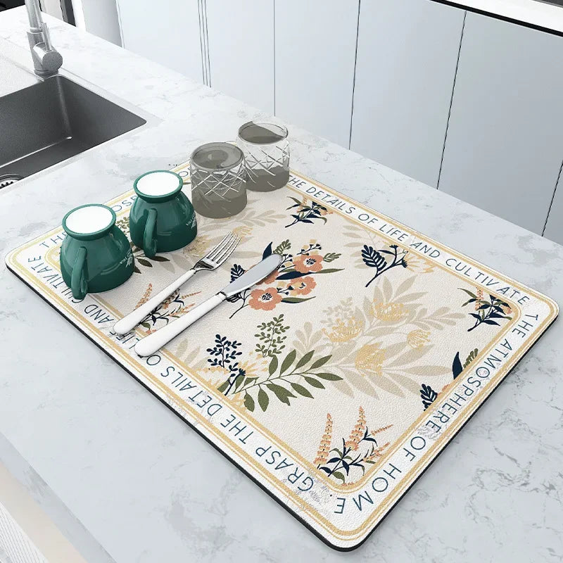 Kitchen Long Rectangle Customized Rectangle Anti-Mold Super Absorbent Anti-Slip Rubber Bottom Drying Dish Drainer Mats /Colors-Black/ Gray/ Beige/White/ Floral