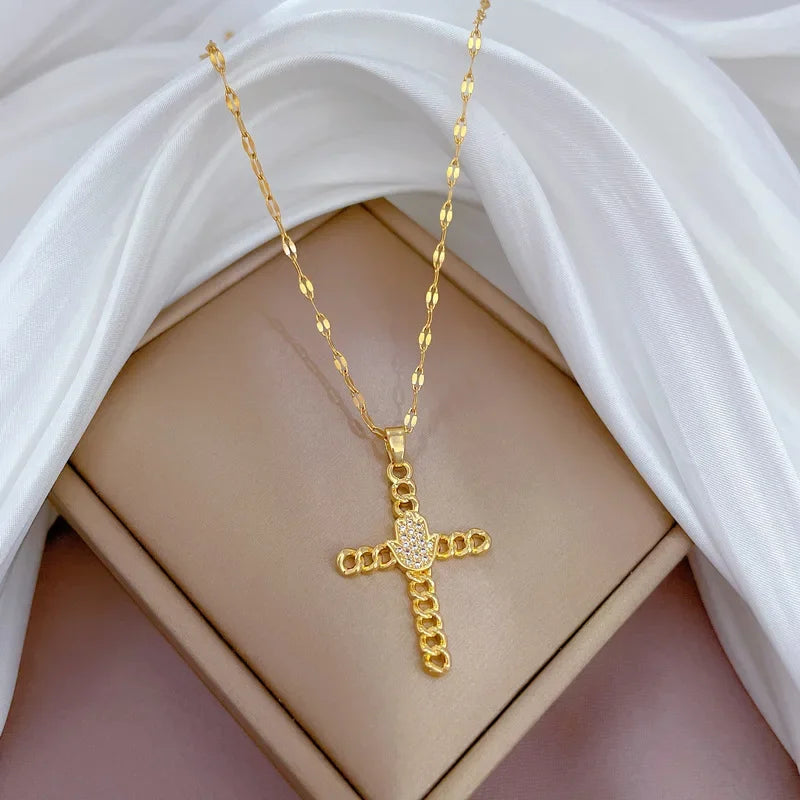 No-EN-Name-Null Women Fine Imitation Stainless Steel Metal Gold-Plated Clear White Shiny Crystal Cubic Zirconia Diamond Accents Stones Hollow Out Cross Pendant Necklaces/Colors-Gold/Silver/Clear/White/Pink/Green