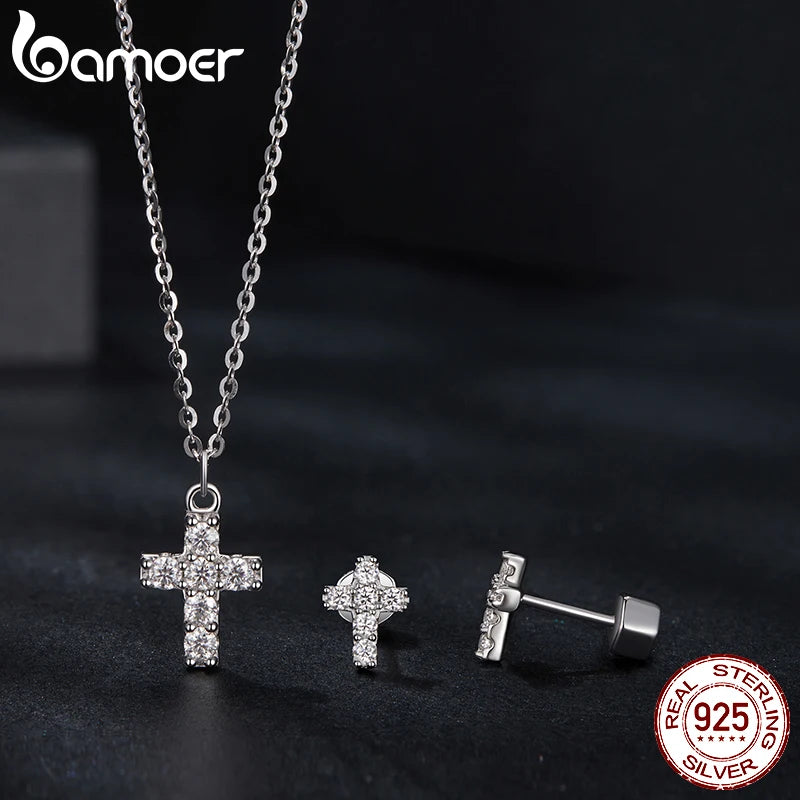 BAMOER Adult Women Fine Imitation Sterling Silver White Gold-Gold-Plated Clear White Shiny Diamond-Like Artificial Moissanite Stones Cross Pendant Push-Back Necklaces-Stud Earrings Jewelry Sets