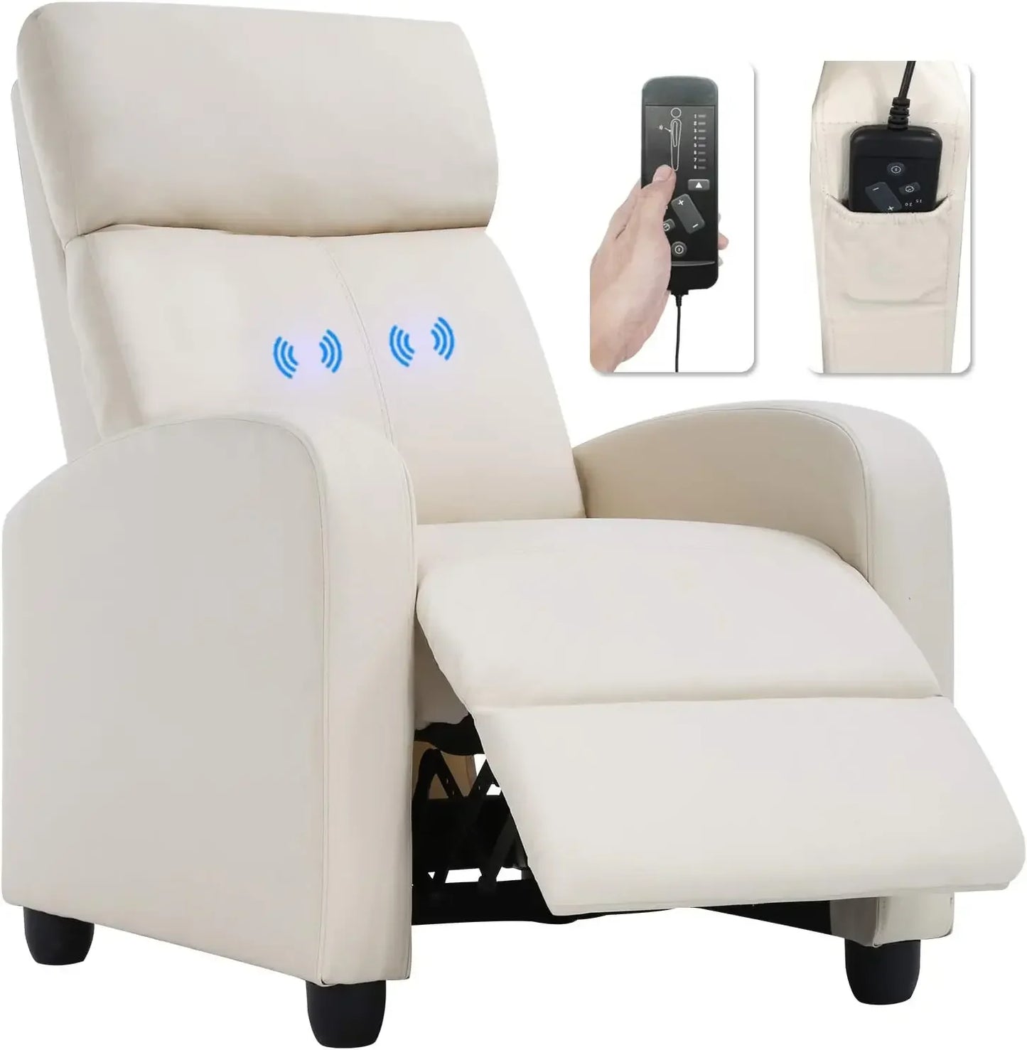 No-EN-Name-Null  Modern Remote Control Soft Black Faux Leather Cushions Upholstered Padded Backrest Massaging Recliners/Weight Capacity 275LBS/Colors-Red/Brown/Blue/Beige/Black/Light Beige
