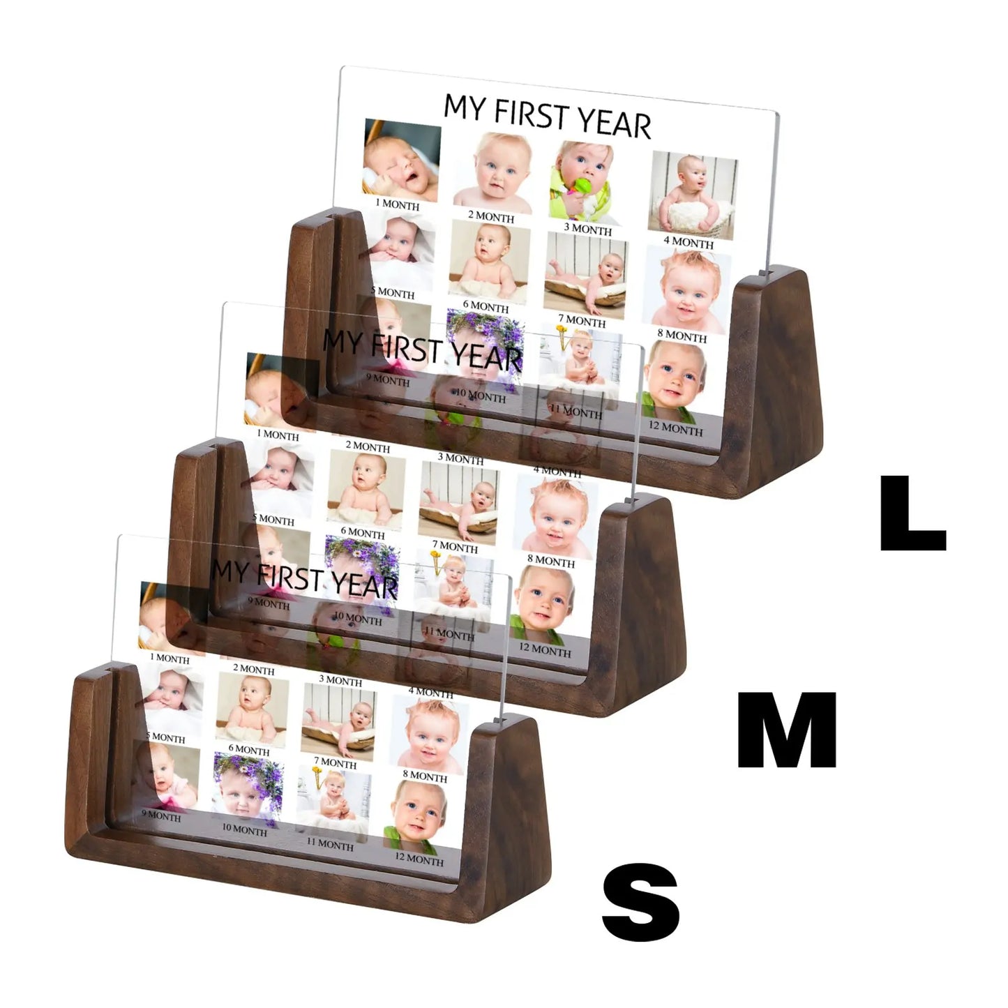 Rectangle Beech-Walnut Wood Trim Acrylic Plate Personalized My First Year Picture Frames/Sizes: S-6 x4 inch-M-7 x 5 inch-L-8 x 6 inch /Colors-Brown/Beige