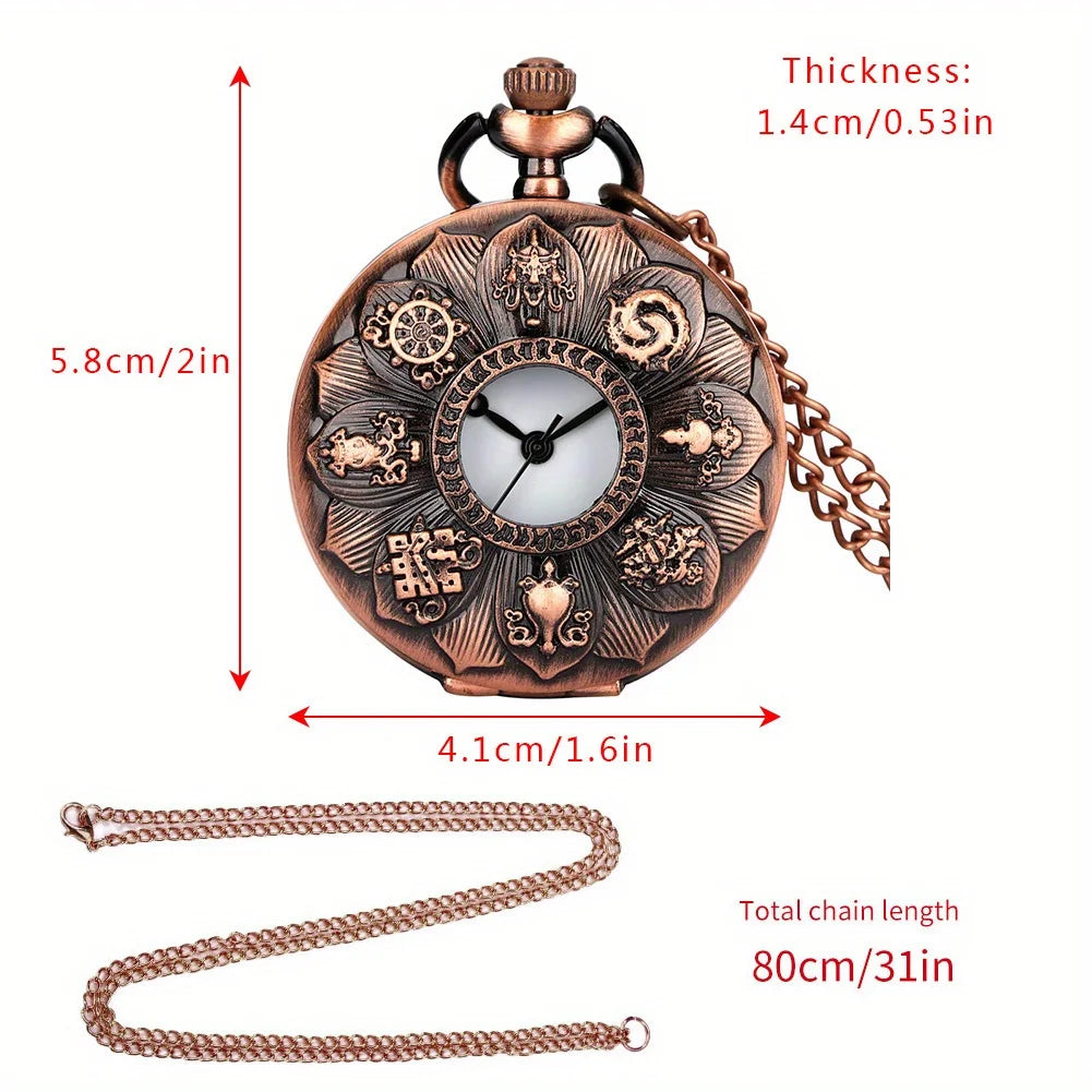 RUNERR MEN Vintage Quartz Digital Display Bronze Metal Alloy Case Glass Face Electronic Drive Mode Hollow-Out Engraved Lotus Flower-Animals Front Design Bronze Chain-Pocket Watches