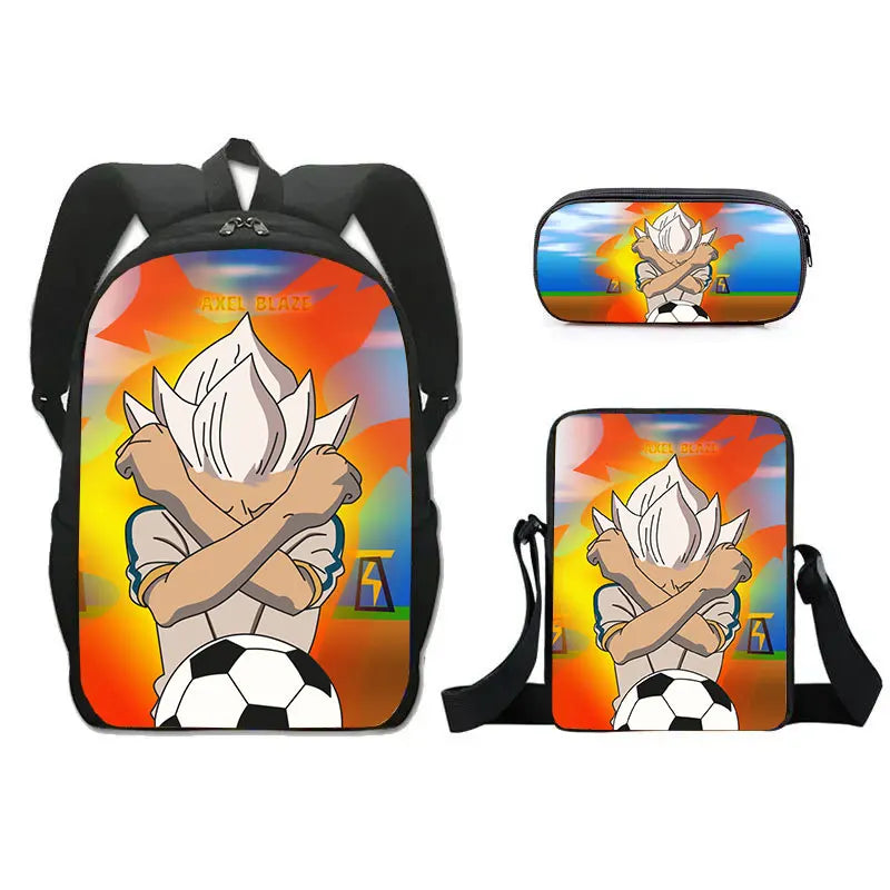 FANTASY VALLEY Women 3 PCS Softback Anime Inazuma Eleven Zippers Waterproof Multicolor Oxford Nylon School Backpacks Sets/ Colors-Black/Blue/Multicolor