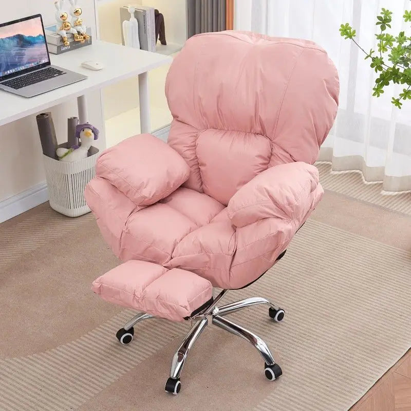 No-EN-Name-Null Mahjong Beige Upholstered Soft Plush Comfortable Fabric Adjustable Rotating Armed Five-Point Metal Four Roller Wheels Base Computer Office Chairs/Pull-Out Footrest/ Colors-Gray/Pink/White/Blue/Beige
