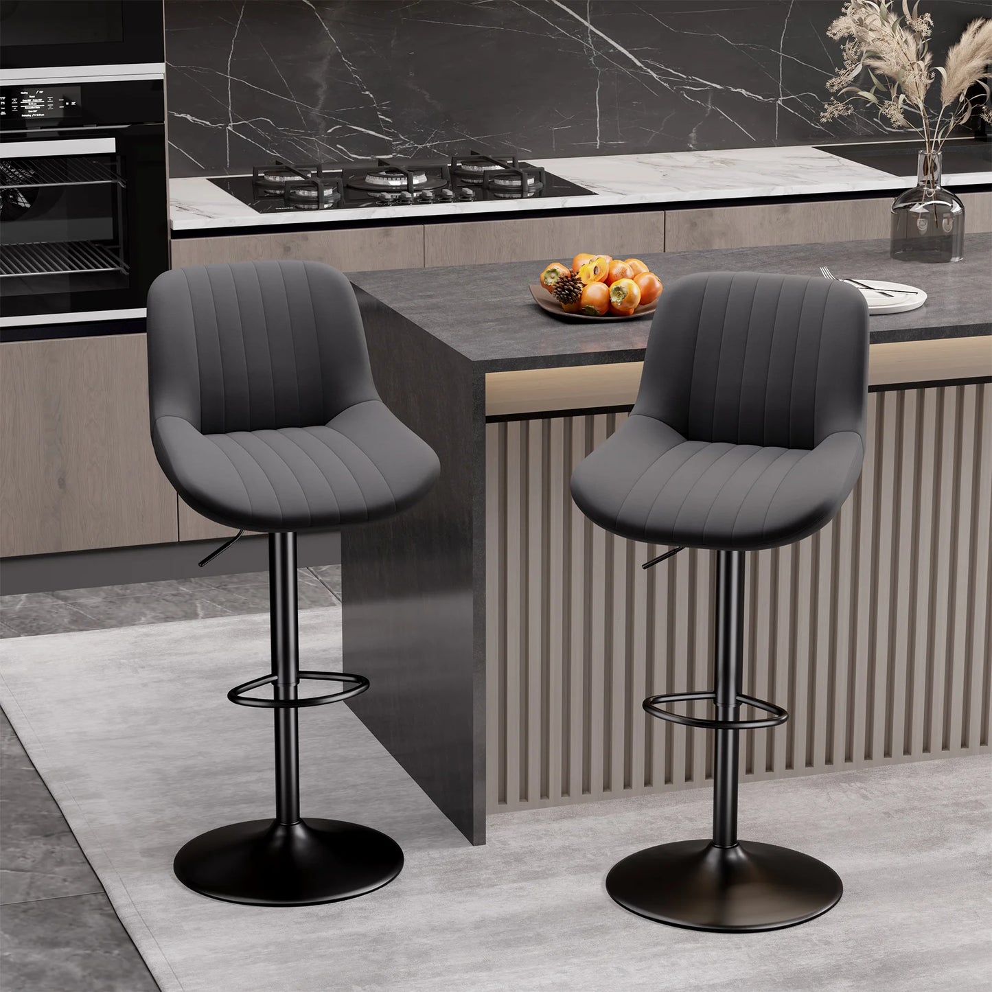No-EN-Name-Null 2 PCS Waterproof Low Backrest Armless Upholstered Padded Shell Shaped Soft Faux Leather Fabric Seat Cushion Black Metal Round Base-Footrest Bar Kitchen-Dining Room Chair Sets /Colors-White/Beige/Gray/Black/Brown