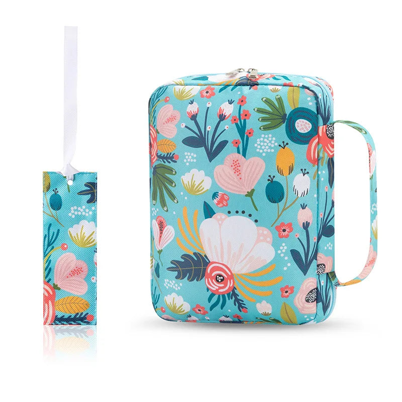 ALL GLORY Soft Handle Blue Floral Design Saying God Is Within Her She Will Not Fall Psalms 46: 5Metal Zippered Internal Pockets Nylon Fabric Polyester Lining Religious Items Bible Cover Cases/Colors-Various Floral Patterns