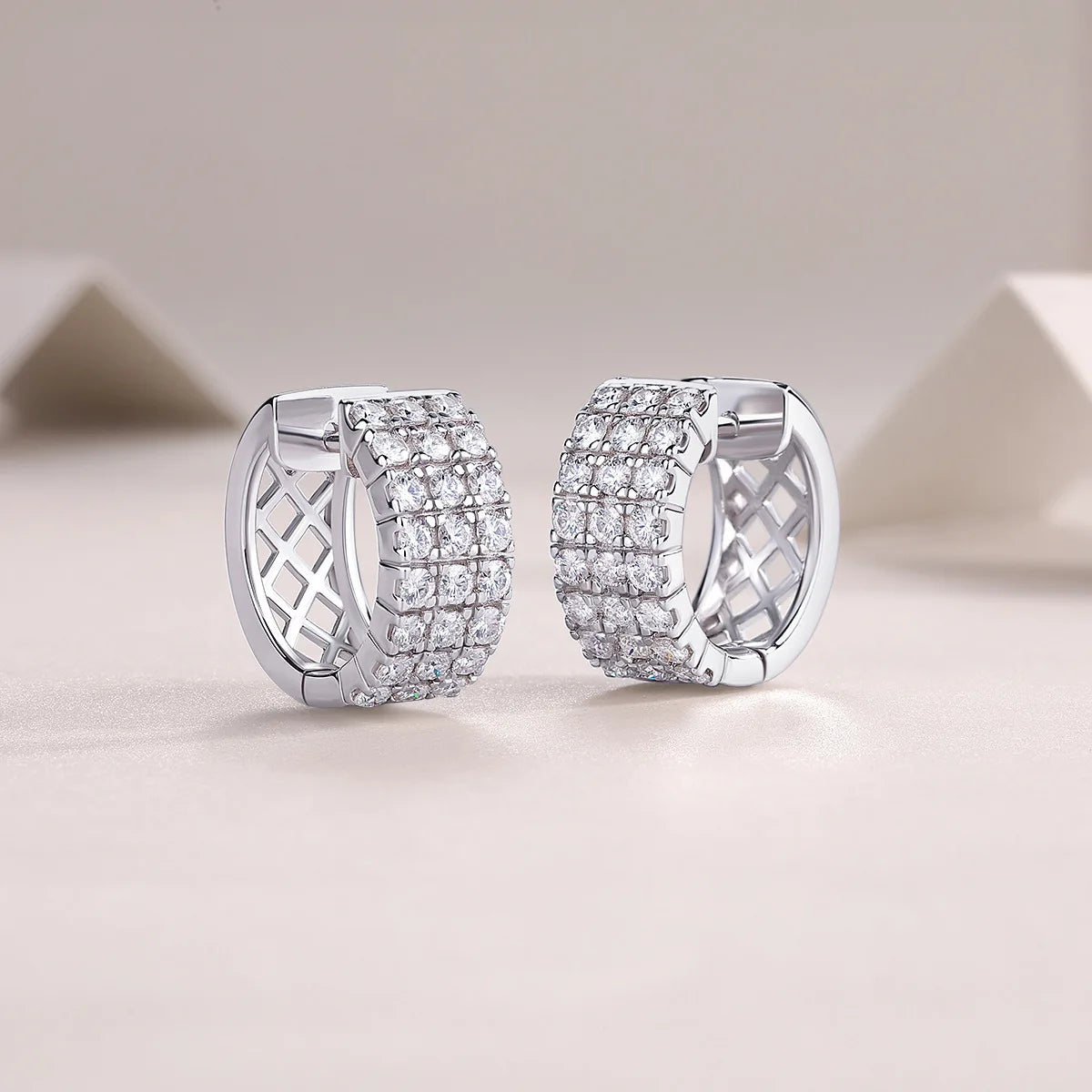 EWYA Adult Women Fine Sterling Silver Metal Wide Two-Three Rows Clear White Full Moissanite Realistic Diamond-Like Stones Round Hoop Small Ear Buckle Earrings/Colors-Silver/Clear/White/Geometric