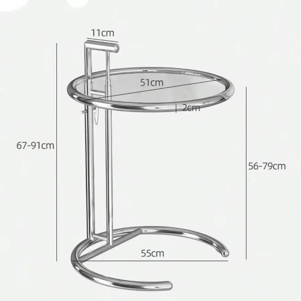No-EN-Name-Null  Modern Round Shaped Liftable Clear Glass Tabletop C-Shaped Silver Stainless Steel Frame End Tables/Colors-Transparent Color/Gray/Brown