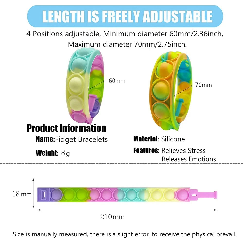 12 PCS Set Plastic Silicone Multicolor Bubble Push-To-Pop Fidget Stress Reliever Bracelets/Ages: 13-18 + Years Older
