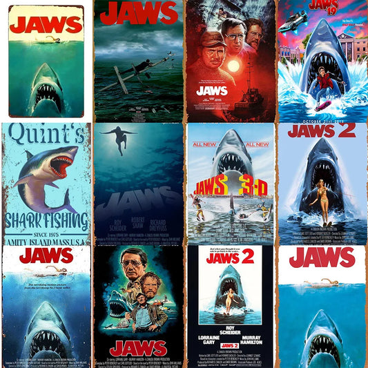 No-EN-Name-Null Classic Retro-Vintage Multicolor Rectangle Shaped JAWS Shark In Ocean 80's Movies-TV Theme Aluminum Metal Tin Novelty Signs/Colors-Red/Silver/Black/Blue/Multicolor