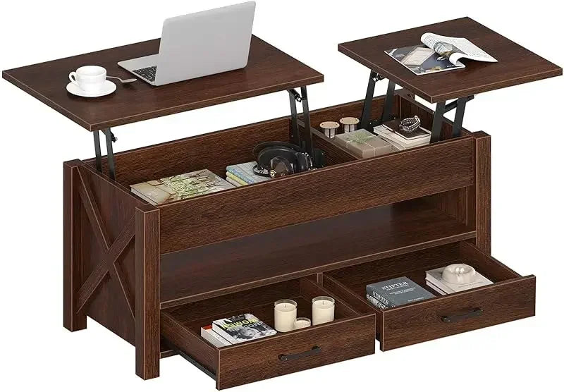No-EN-Name-Null SEVEN TABLE Black Rectangle Lift Up Tops Hidden Compartment Two Storage Drawers Coffee Tables/ Colors-Black/Rustic Brown/Gray/Espresso