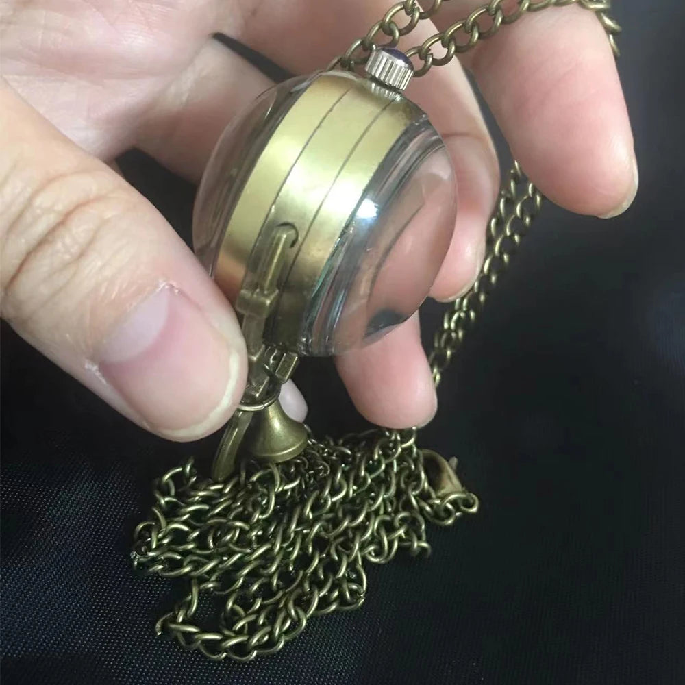GORBEN Adults Unisex Antique Gold Round Shaped Analog Display Hand Winding Stainless Steel Metal Clear Transparent Eyeball Roman Numeral Mechanical Tassel Chain-Pocket Watches