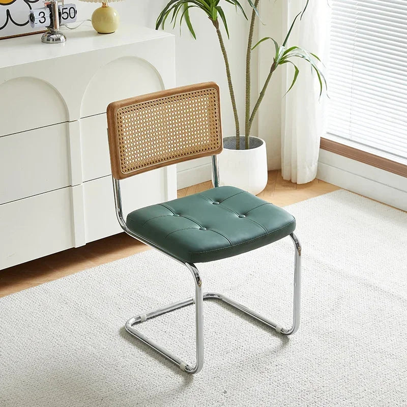 No-EN-Name-Null Nordic Armless Woven Rattan Brown Solid Wood Beige Meshed Hard Backrest-Faux Leather Seat Cushion Silver Stainless Steel Metal Frame-Legs Kitchen-Dining Room Chairs/Colors-Brown/Green/Black/Gray/Orange
