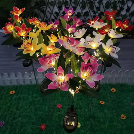 1pc LED Solar Ground Lights,Artificial Flower Lawn Lights, 7-head Solar Orchid Lights For Patio Yard Garden Christmas Decoration