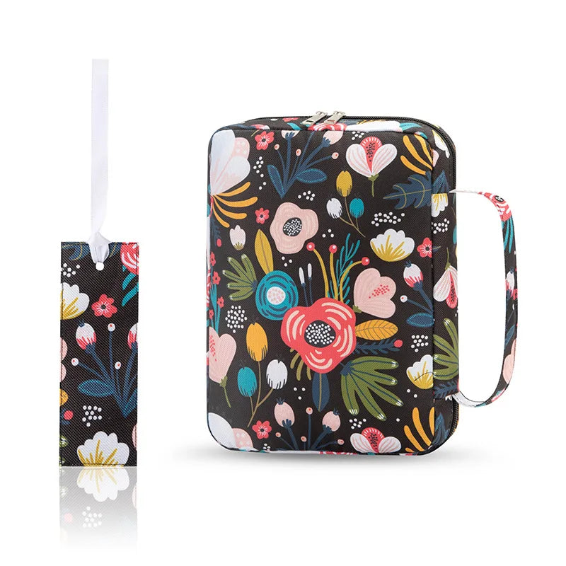ALL GLORY Soft Handle Blue Floral Design Saying God Is Within Her She Will Not Fall Psalms 46: 5Metal Zippered Internal Pockets Nylon Fabric Polyester Lining Religious Items Bible Cover Cases/Colors-Various Floral Patterns